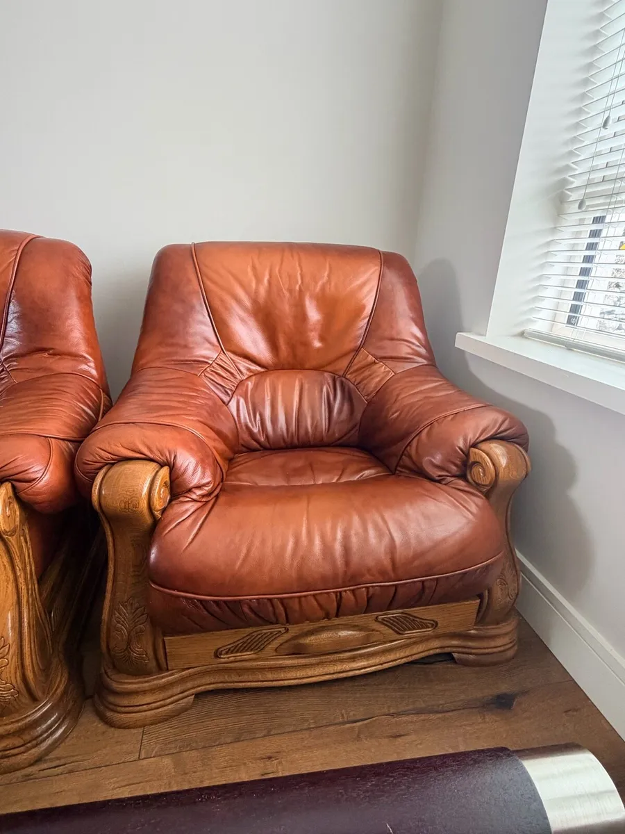 Solid Oak Leather 3+1+1 sofa for sale - Image 4