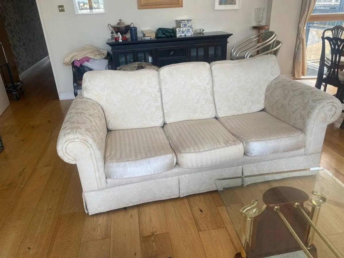 3 and2 seater sofa and armchair. Great condition. Removable cushion covers. Light cream damask material - Image 1