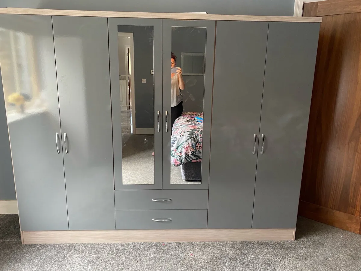 2X Wardrobe 6 Door Grey and Wardrobe 6 Door white - Image 2