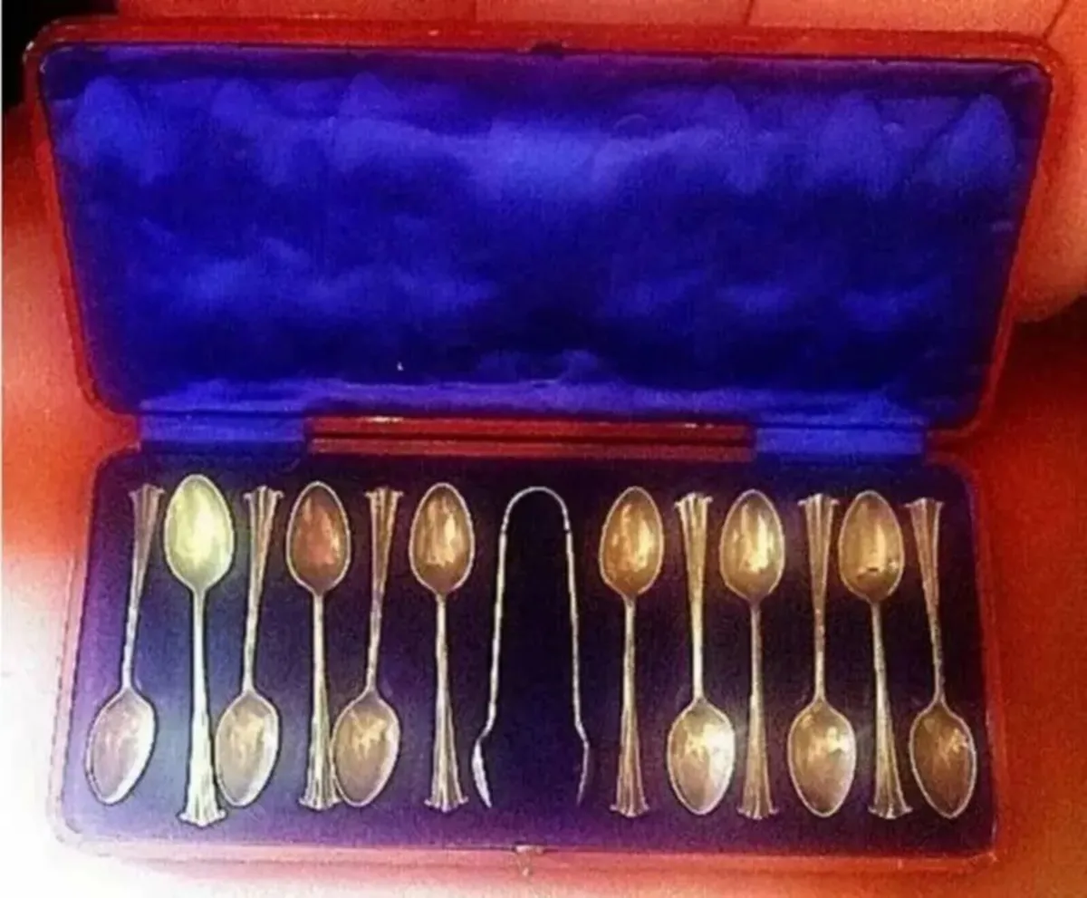 Vintage Silver 12 Tea Spoons & Sugar Tongs/Case - Image 2
