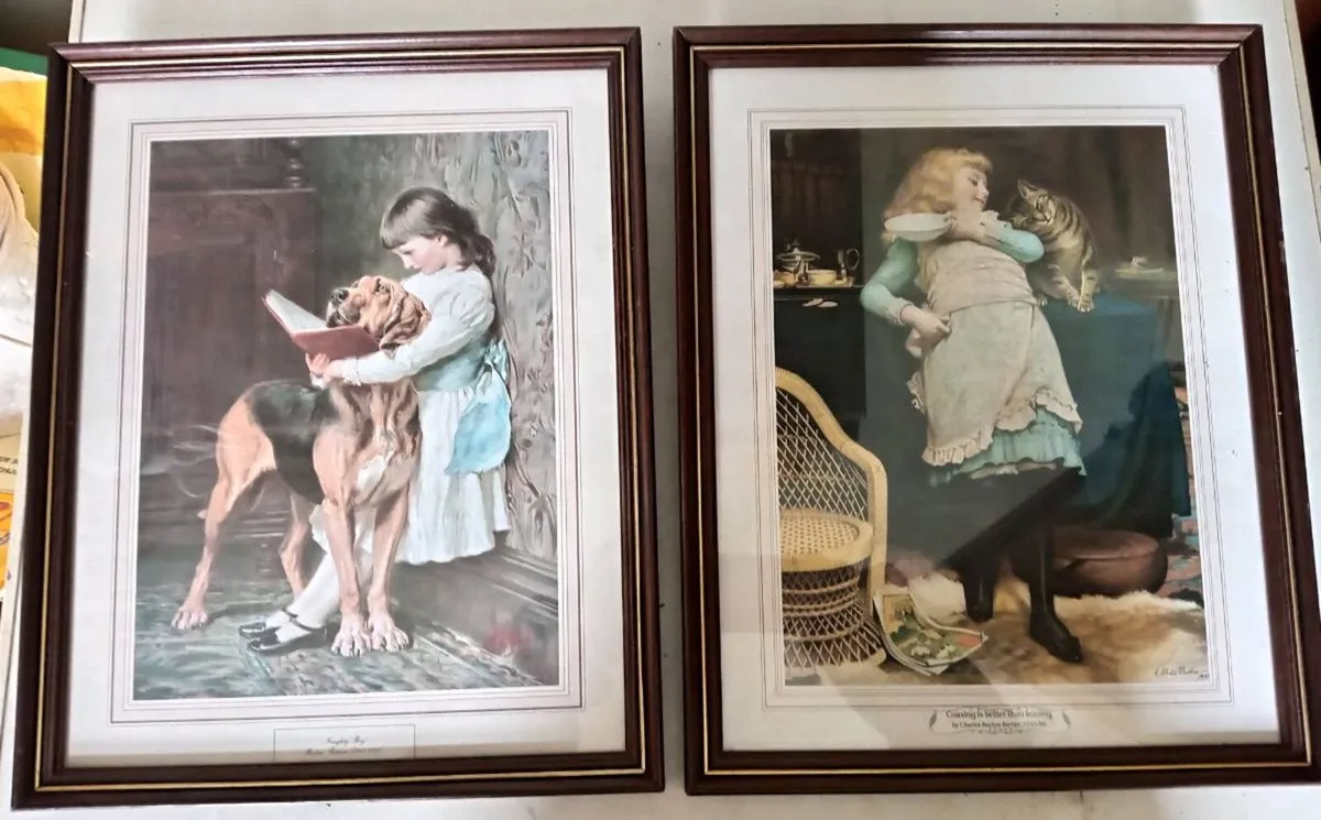 Two Vintage Dog Cat Girl Pictures - Image 1
