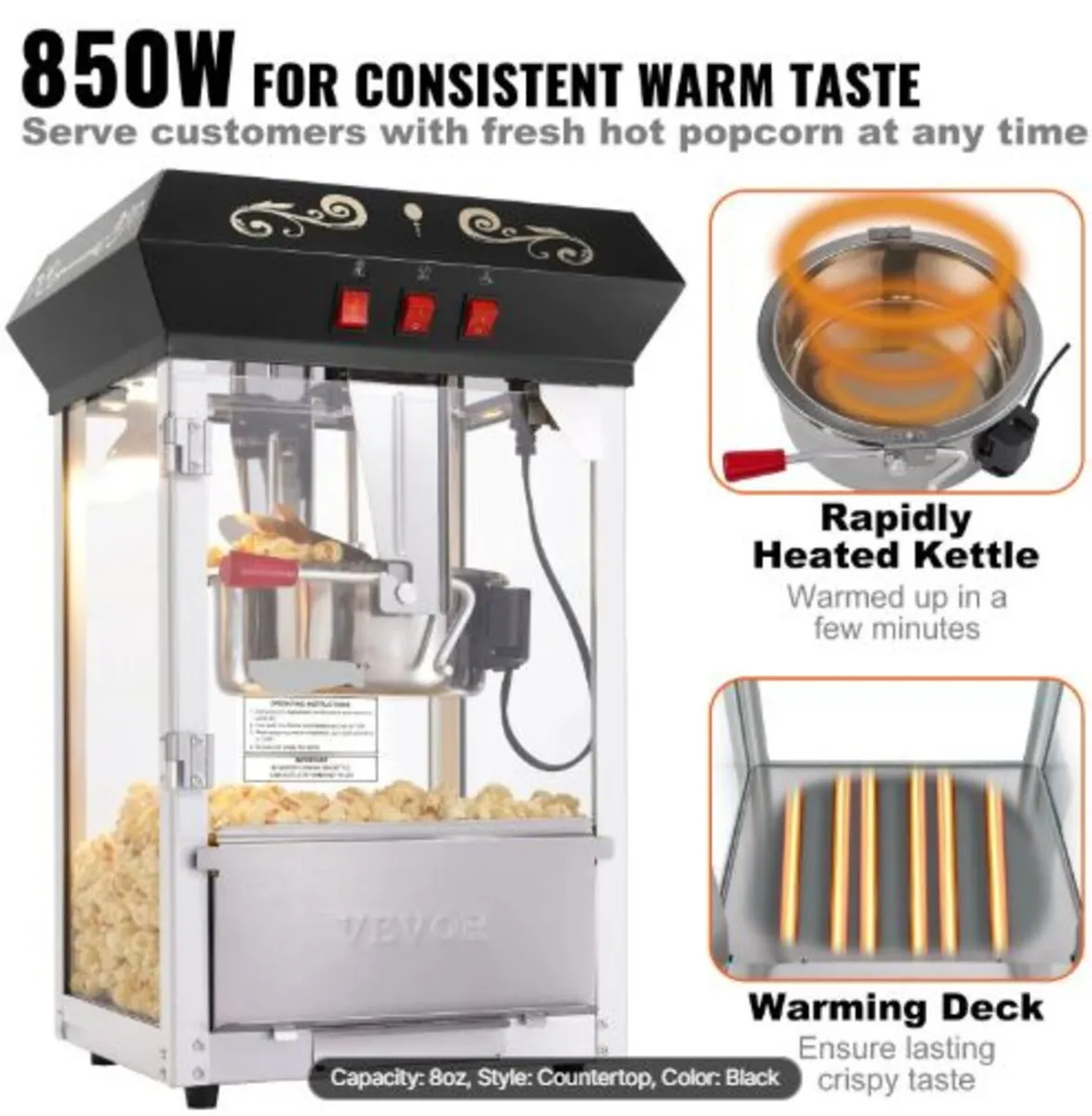 Popcorn Maker, 850W Popcorn Popper Machine, 8 Oz - Image 2