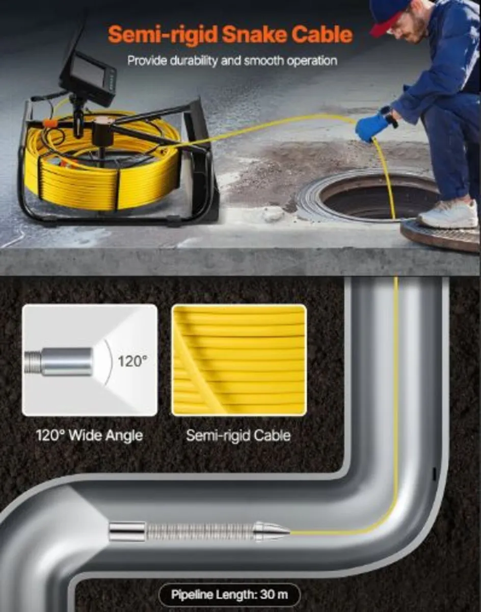 Sewer Camera, 98 ft/30 m,4.3-inch Drain Inspection - Image 2
