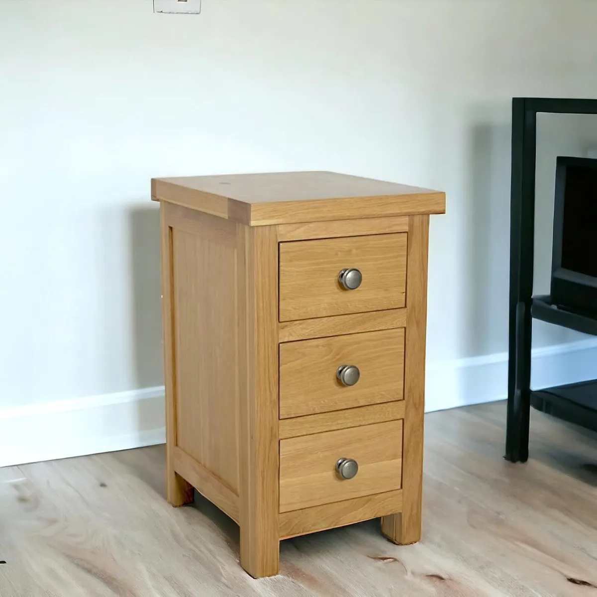 Oak Bedside Table Slim 3 Drawer Wooden Nightstands - Image 1
