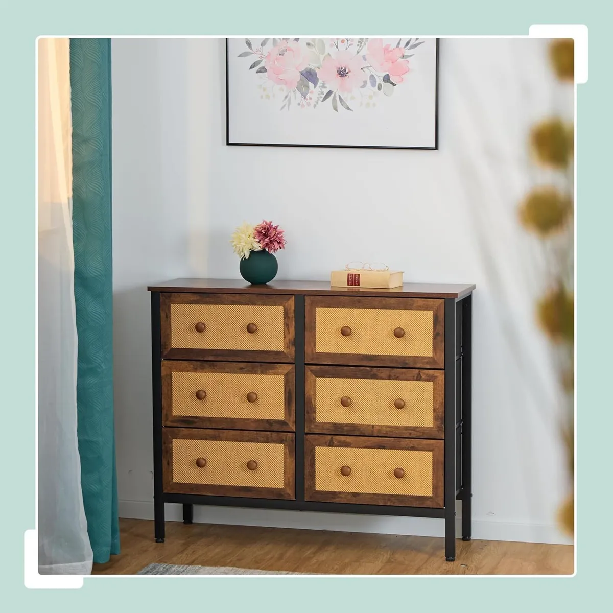 Sideboard 6 Drawers Rattan Style Storage - Image 2