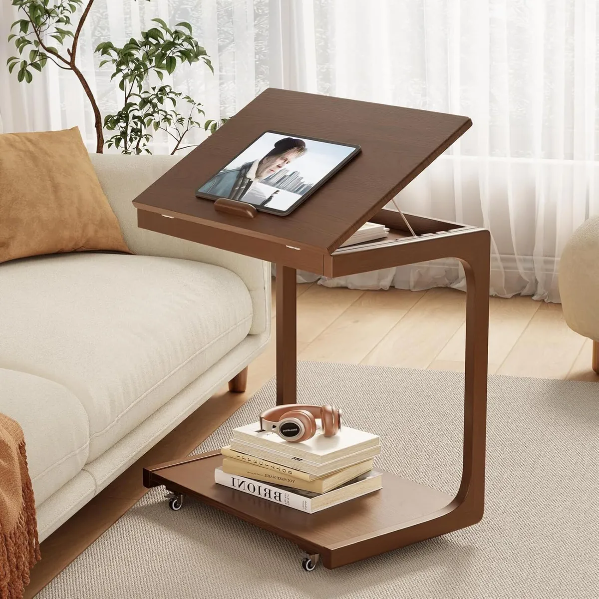 Wooden C-Shaped End Table Couch with Adjustable - Image 1