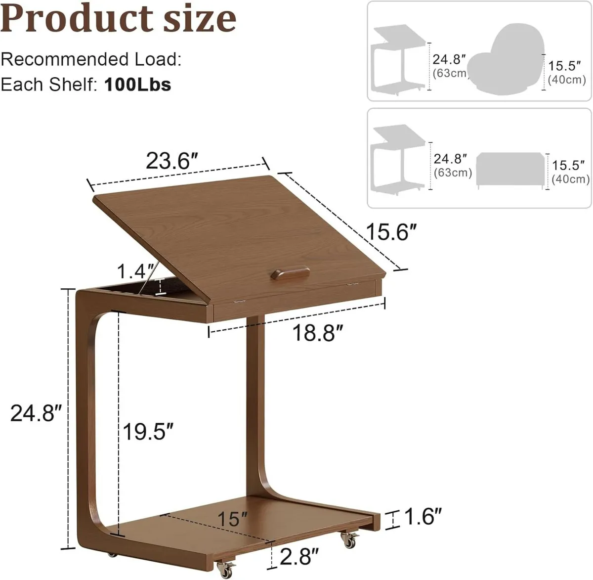 Wooden C-Shaped End Table Couch with Adjustable - Image 2