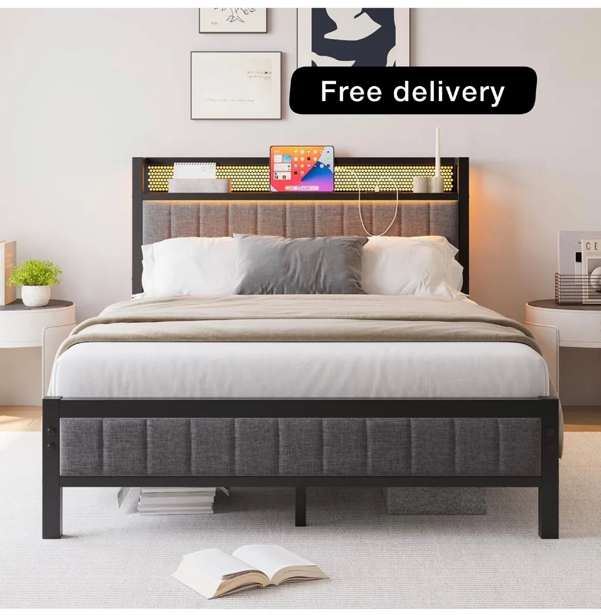4ft6 Double Bed Frame with Storage Headboard, USB - Image 1