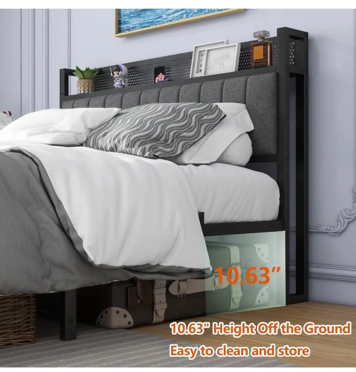 4ft6 Double Bed Frame with Storage Headboard Shelf - Image 2