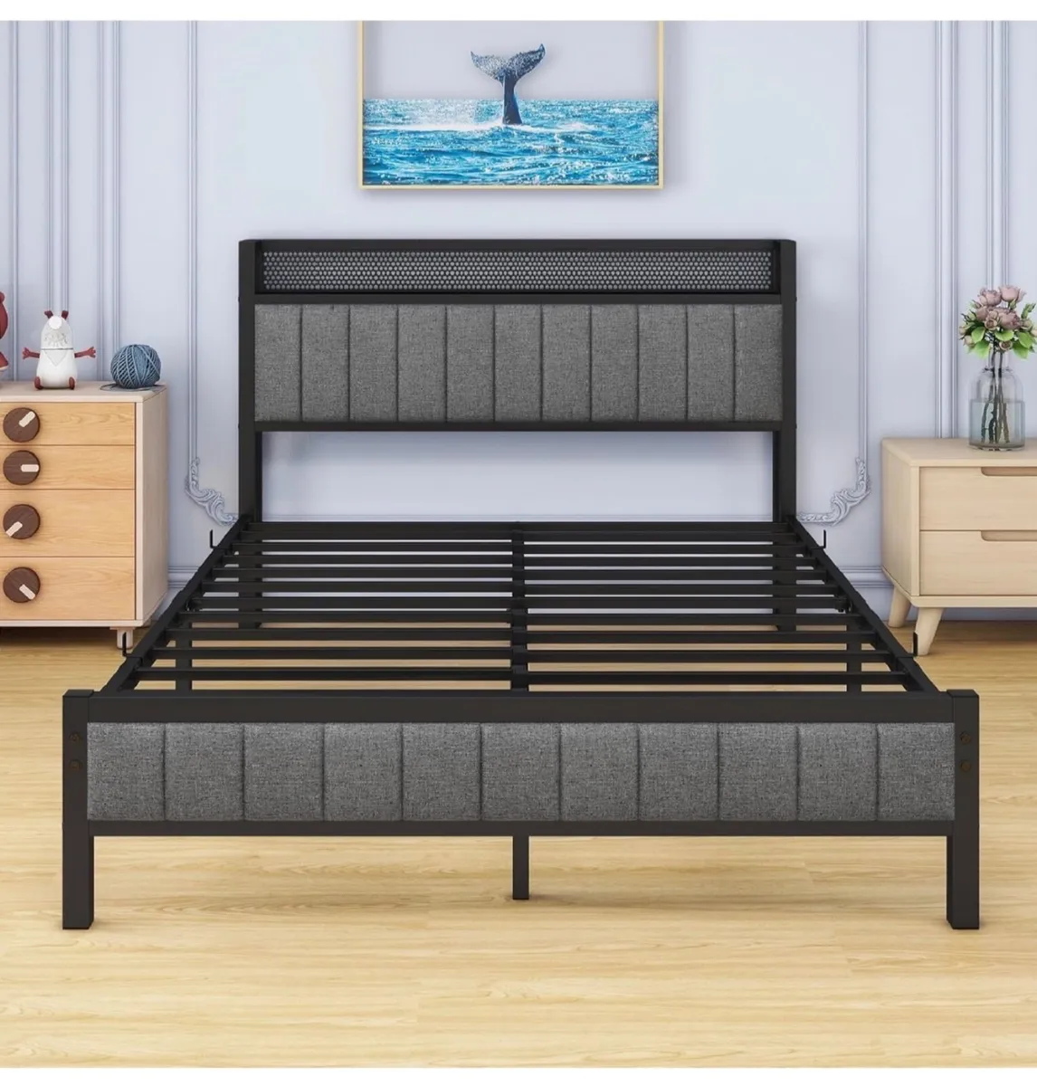 4ft6 Double Bed Frame with Storage Headboard Shelf - Image 4