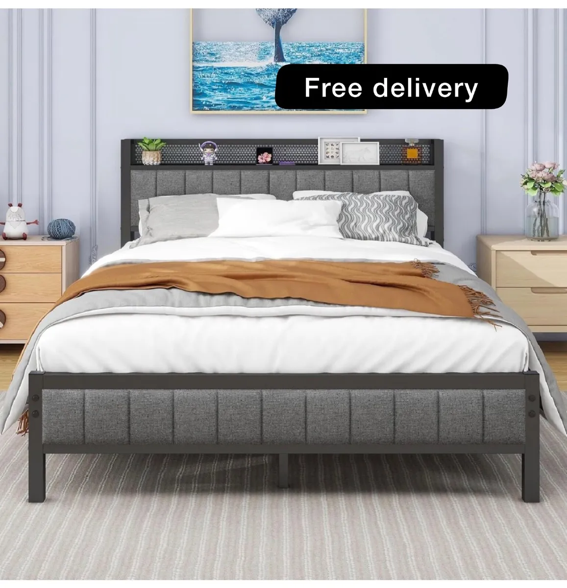 4ft6 Double Bed Frame with Storage Headboard Shelf - Image 1