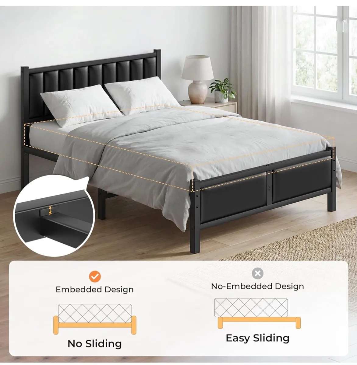 4ft6 Double Bed Frame, Heavy Duty Metal Slats Supp - Image 3