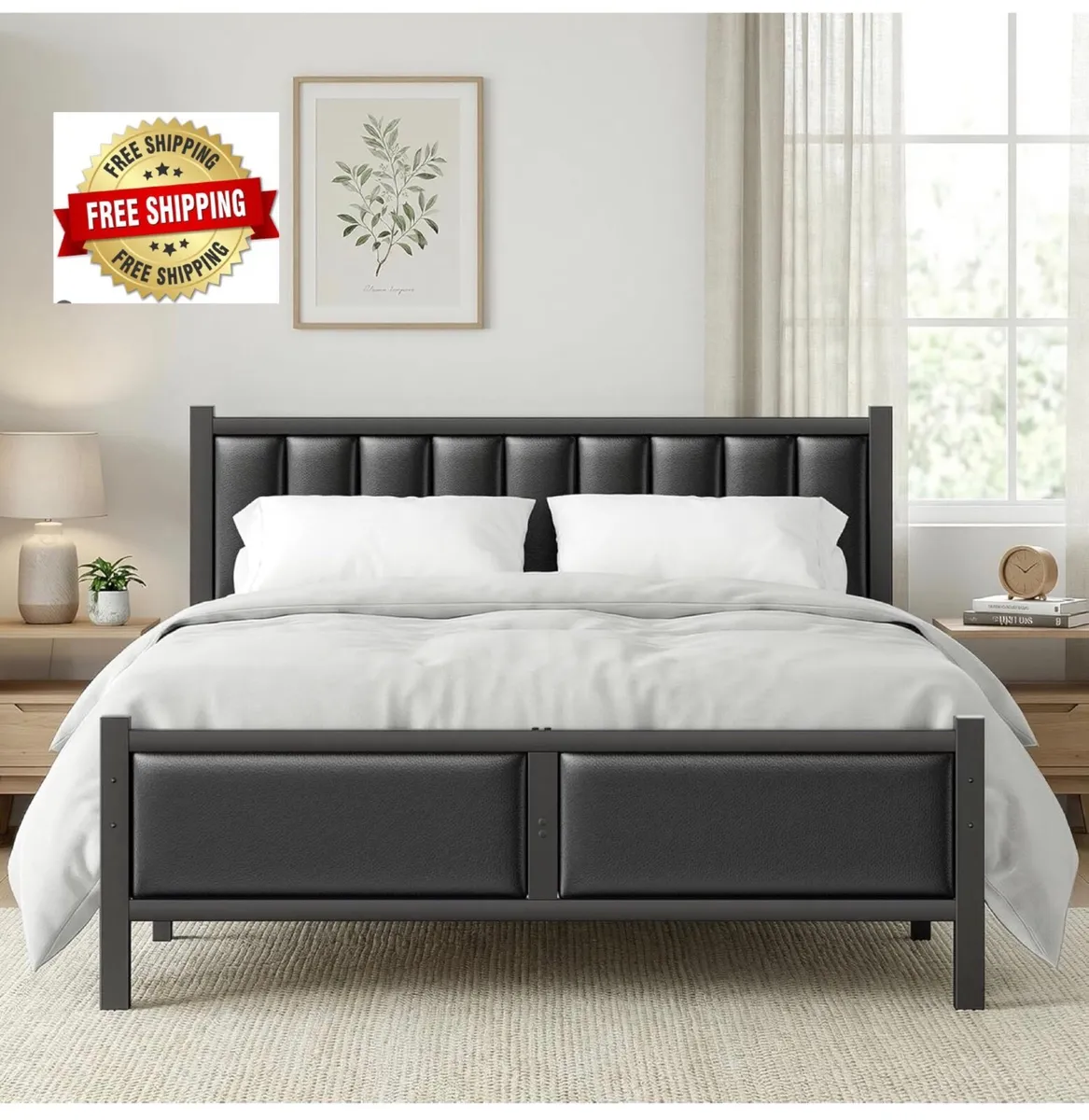 4ft6 Double Bed Frame, Heavy Duty Metal Slats Supp - Image 1