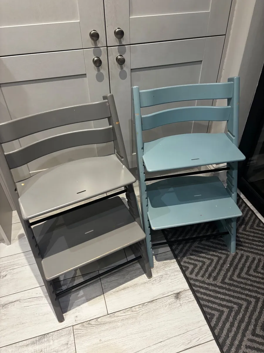 2 x Stokke Tripp Trapp Wooden Chairs – Grey & Blue