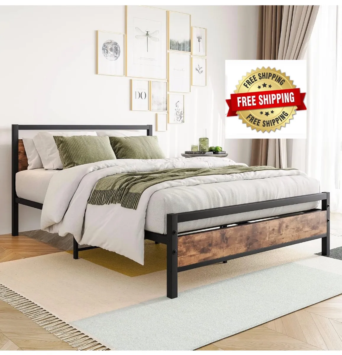 Double Bed Frames with Wood Headboard,Heavy Duty M - Image 1