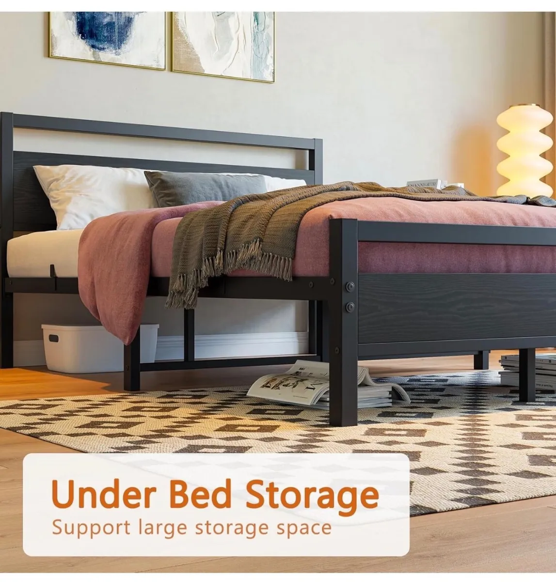 4ft6 Double Bed Frames with Wooden Headboard,Heavy - Image 3
