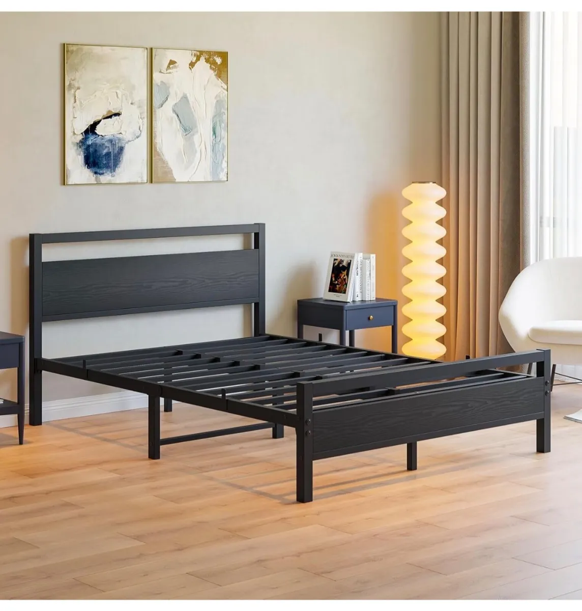 4ft6 Double Bed Frames with Wooden Headboard,Heavy - Image 4