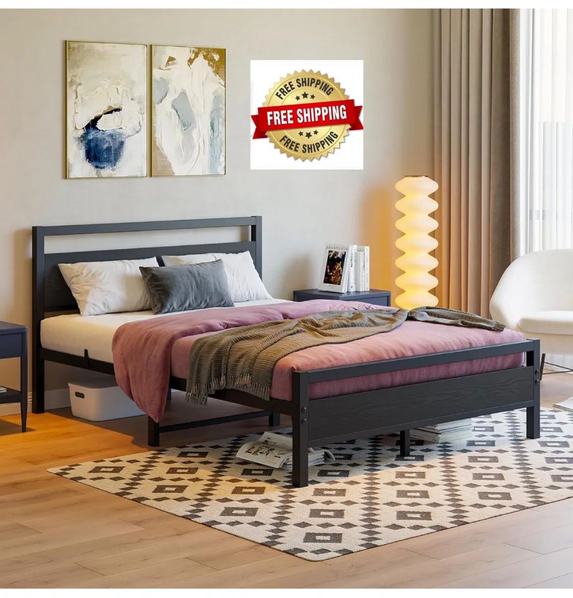 4ft6 Double Bed Frames with Wooden Headboard,Heavy - Image 1