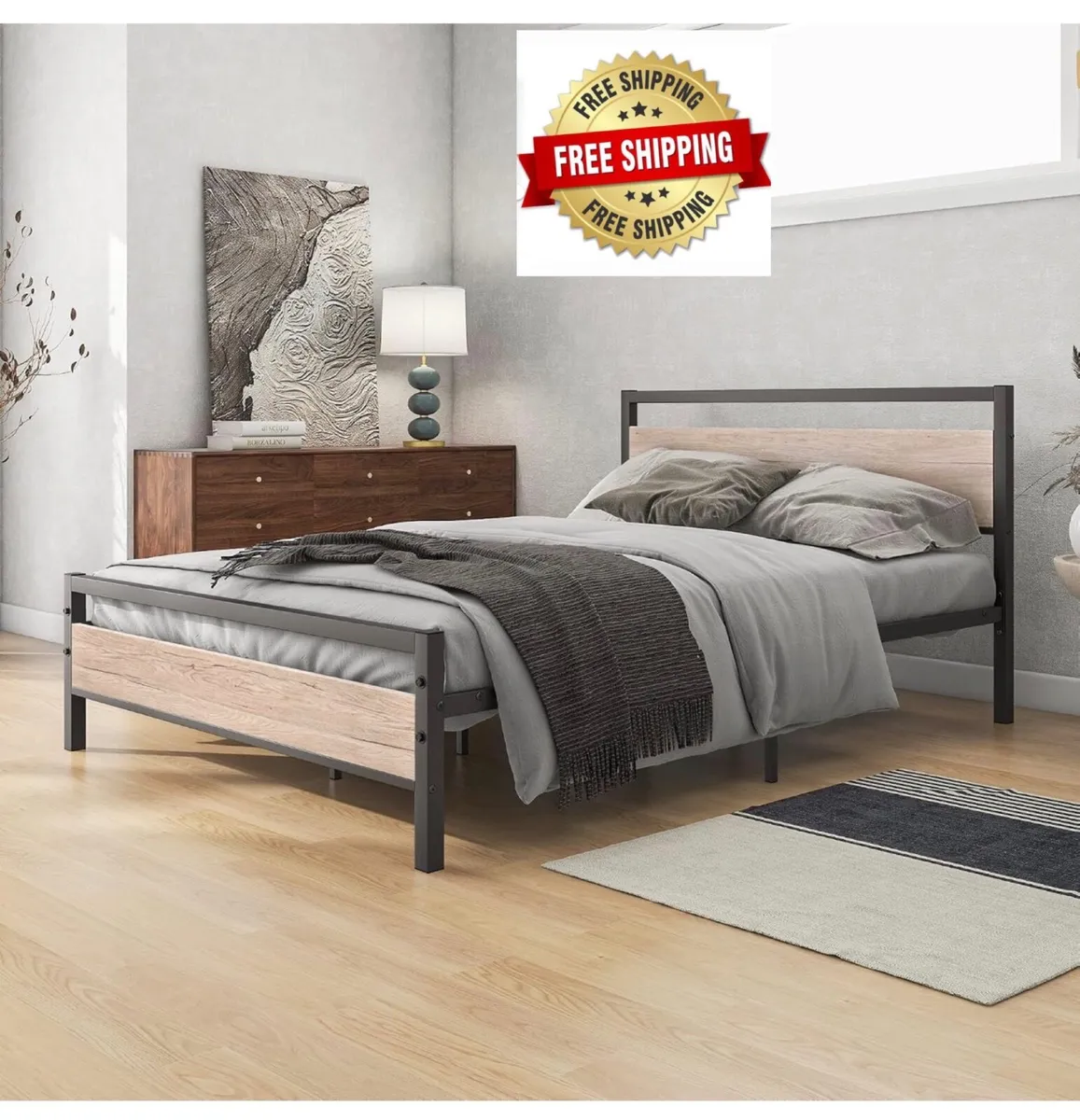 4ft6 Double Bed Frames with Wood Headboard,Heavy D - Image 1