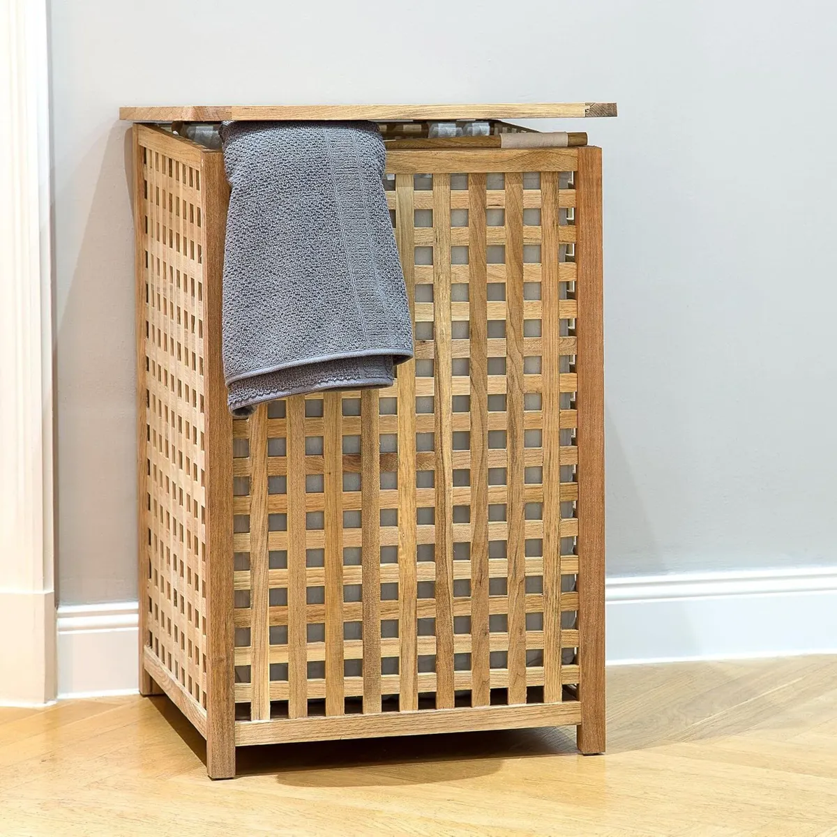 Walnut Laundry Hamper Wooden Storage Bin Basket - Image 2