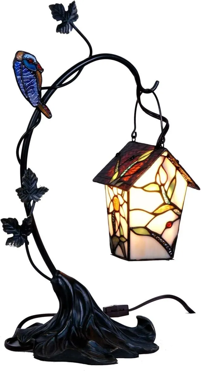 Tiffany Style Stained Glass Birdhouse Table Lamp - Image 1