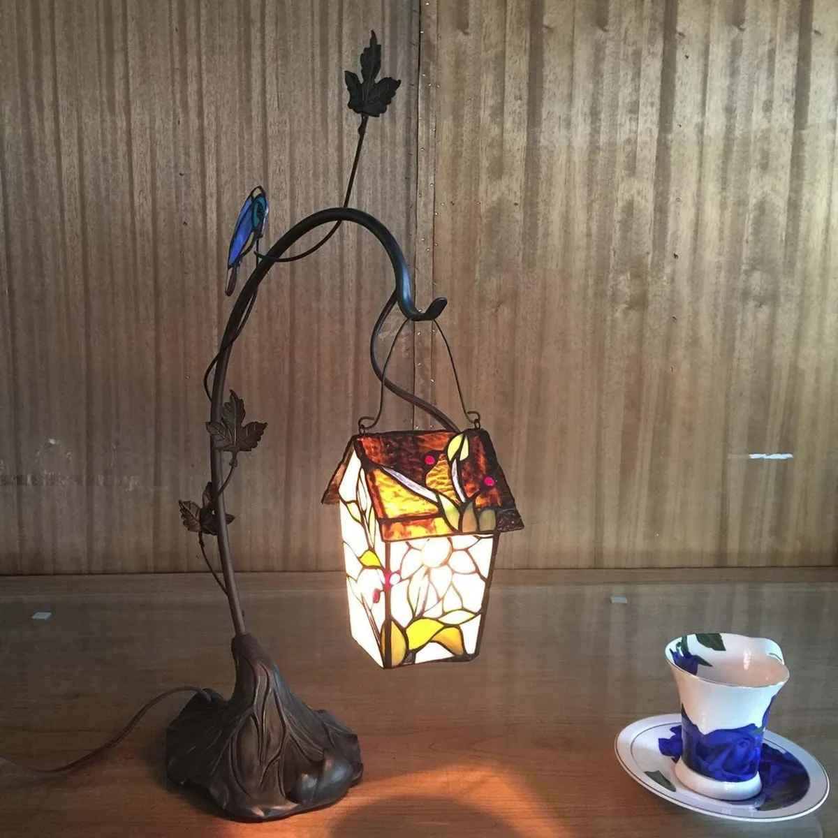 Tiffany Style Stained Glass Birdhouse Table Lamp - Image 4