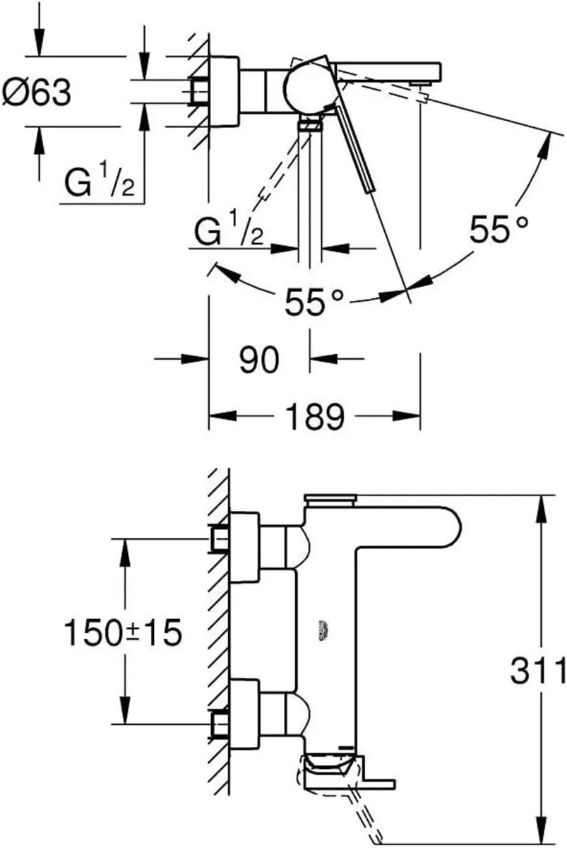 Plus Single Lever Bath Mixer Wall-Mounted. Tap - Image 3