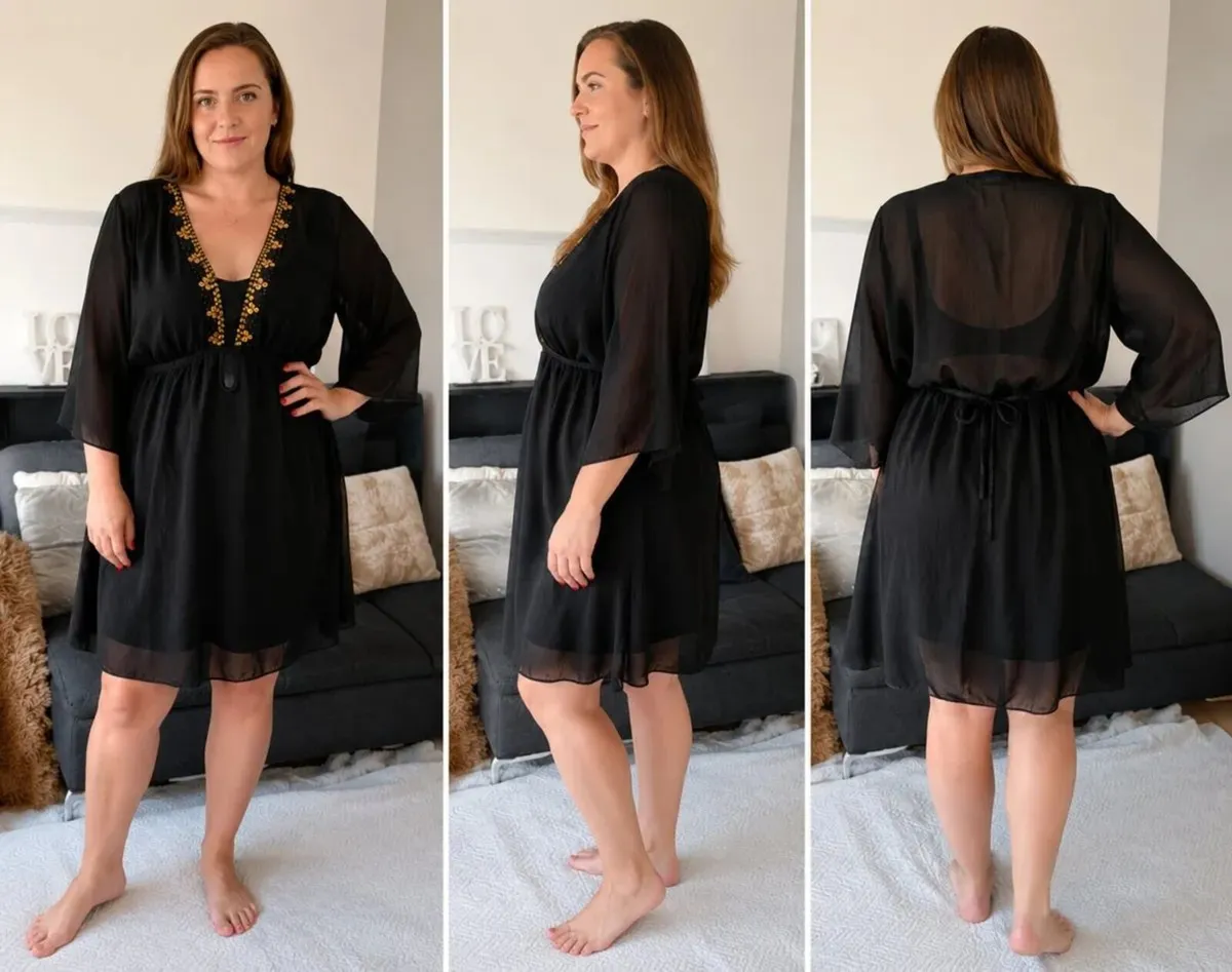 Black Sheer Beach Cover-Up with Gold Sequin Detail - Image 2