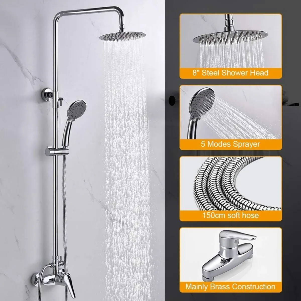Roma Rain Shower System Mixer Tap Set Chrome - Image 3