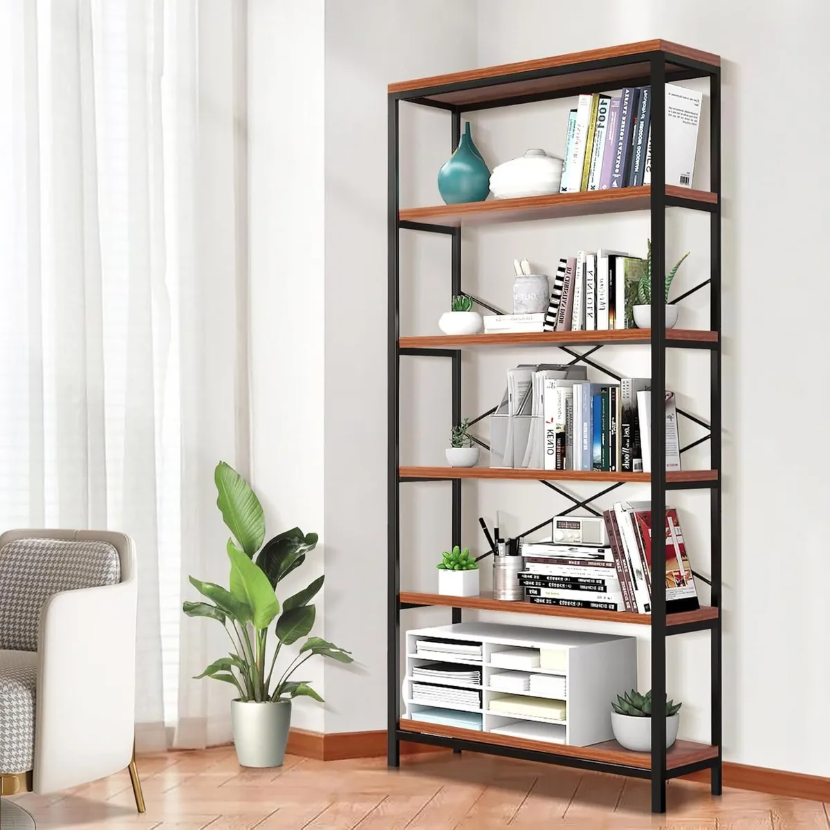 5 Tier Industrial Bookshelf Vintage Standing - Image 4