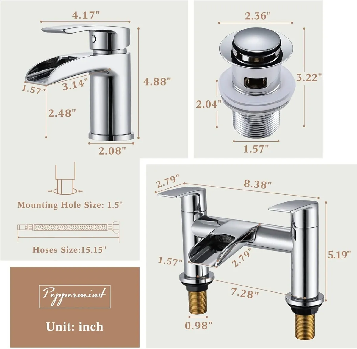 Basin Taps with Waste and Waterfall Bath Mixer - Image 3