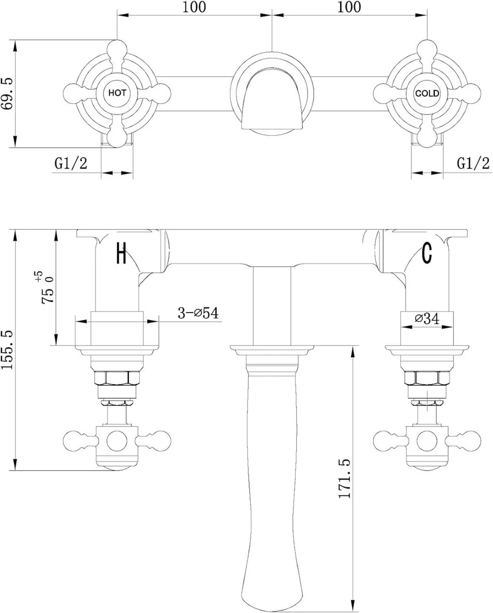 Camberley Wall Mounted Basin Mixer Tap Antique - Image 3