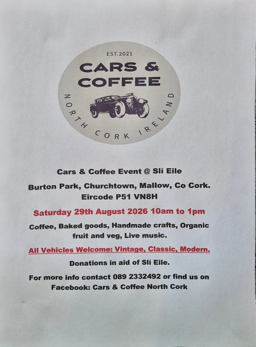 Cars & Coffee North Cork 29th Aug 10am to 1pm - Image 1