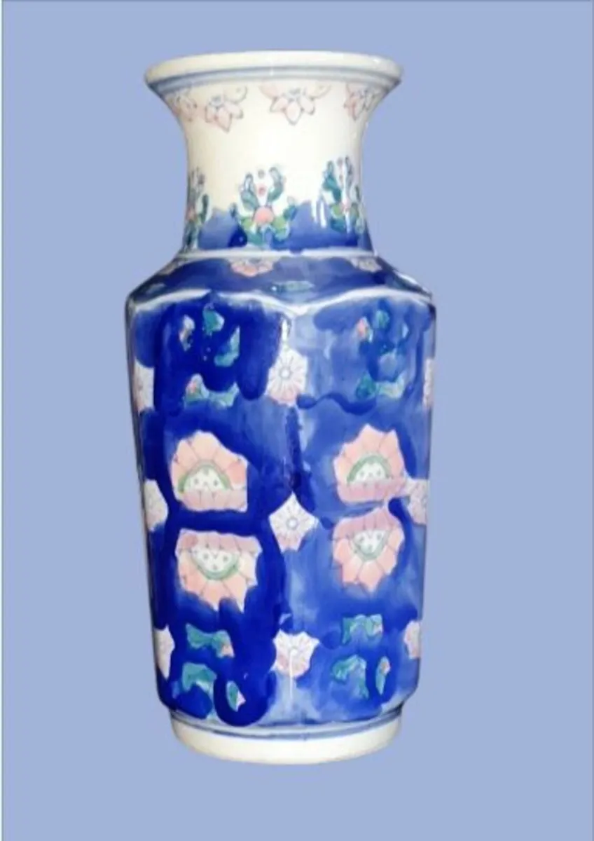 Vintage 10" Chinese Hexagonal Handpainted Vase - Image 1