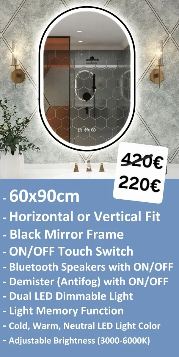 LED Bathroom Mirror 60x90cm Speakers Antifog - Image 1