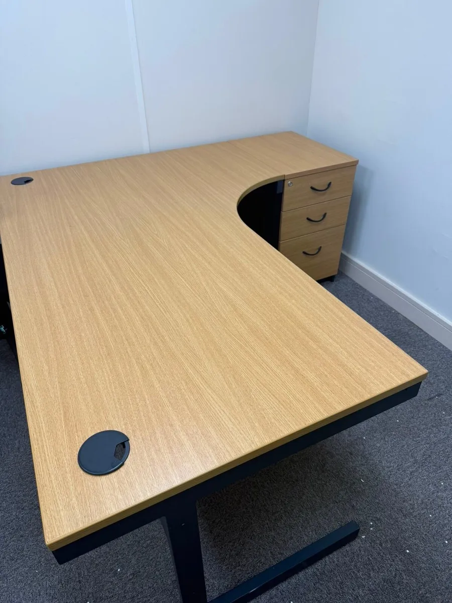 Large L-Shaped Oak Office Desk w/ Drawer Pedestal - Image 2