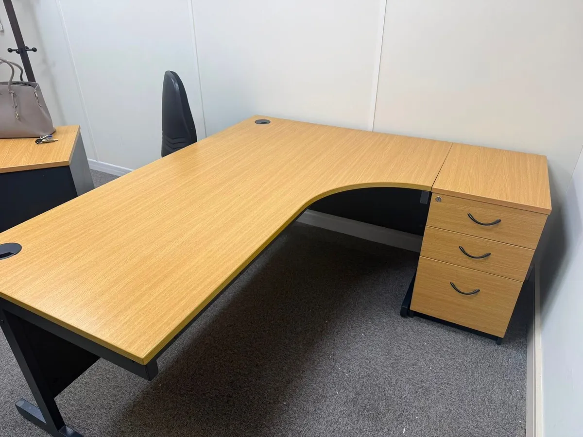 Large L-Shaped Oak Office Desk w/ Drawer Pedestal - Image 1