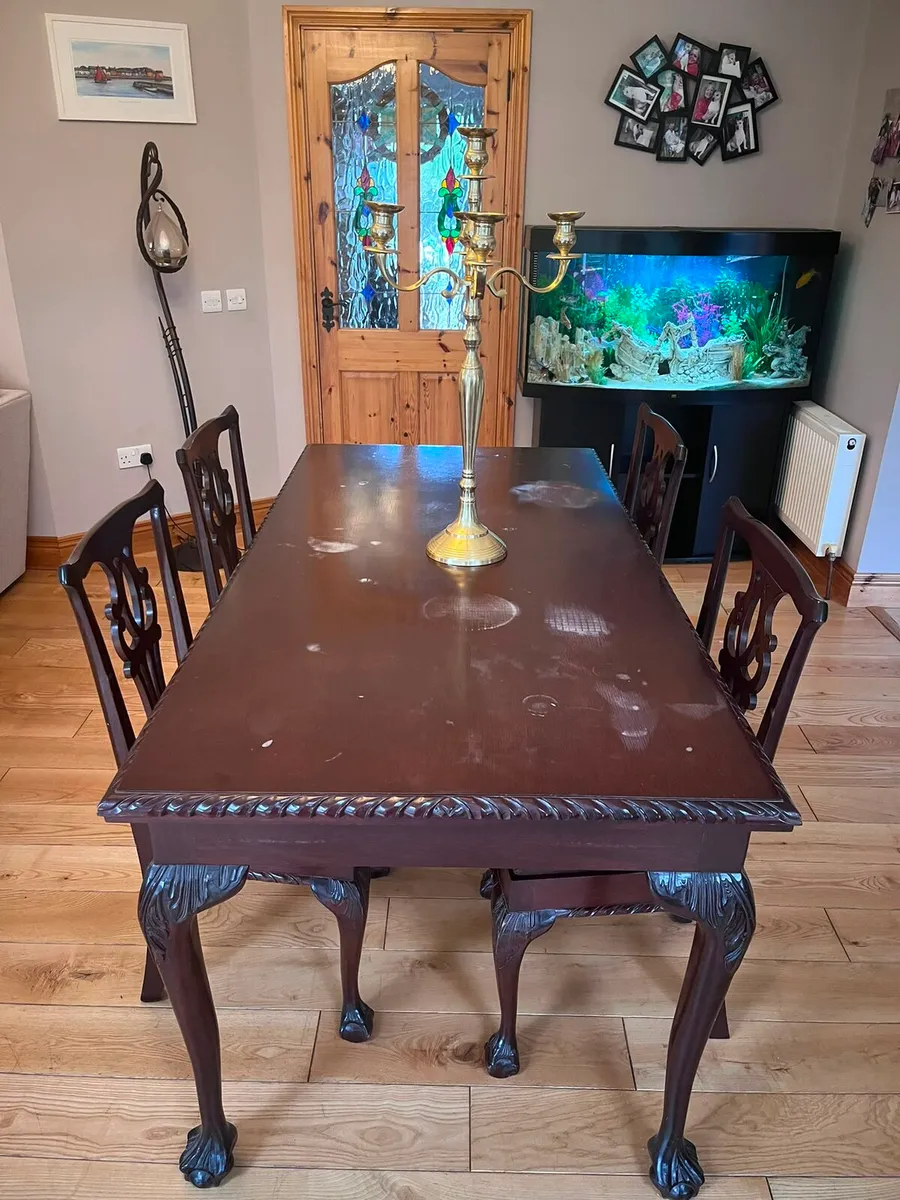 Maghony Table, chairs, brass antique candle holder - Image 2
