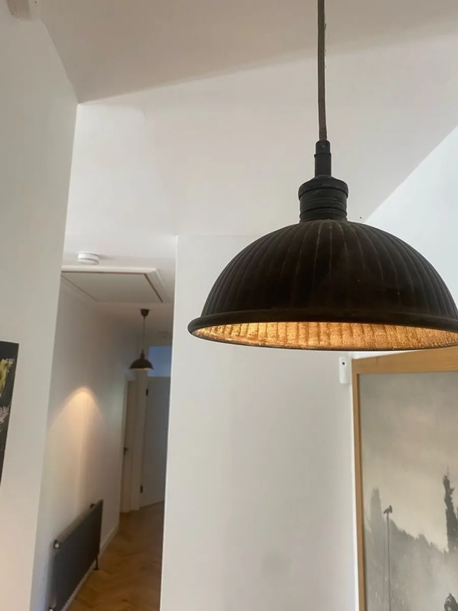 Pair of Copper Industrial Pendant Ceiling Lights Aged Patina - Image 2