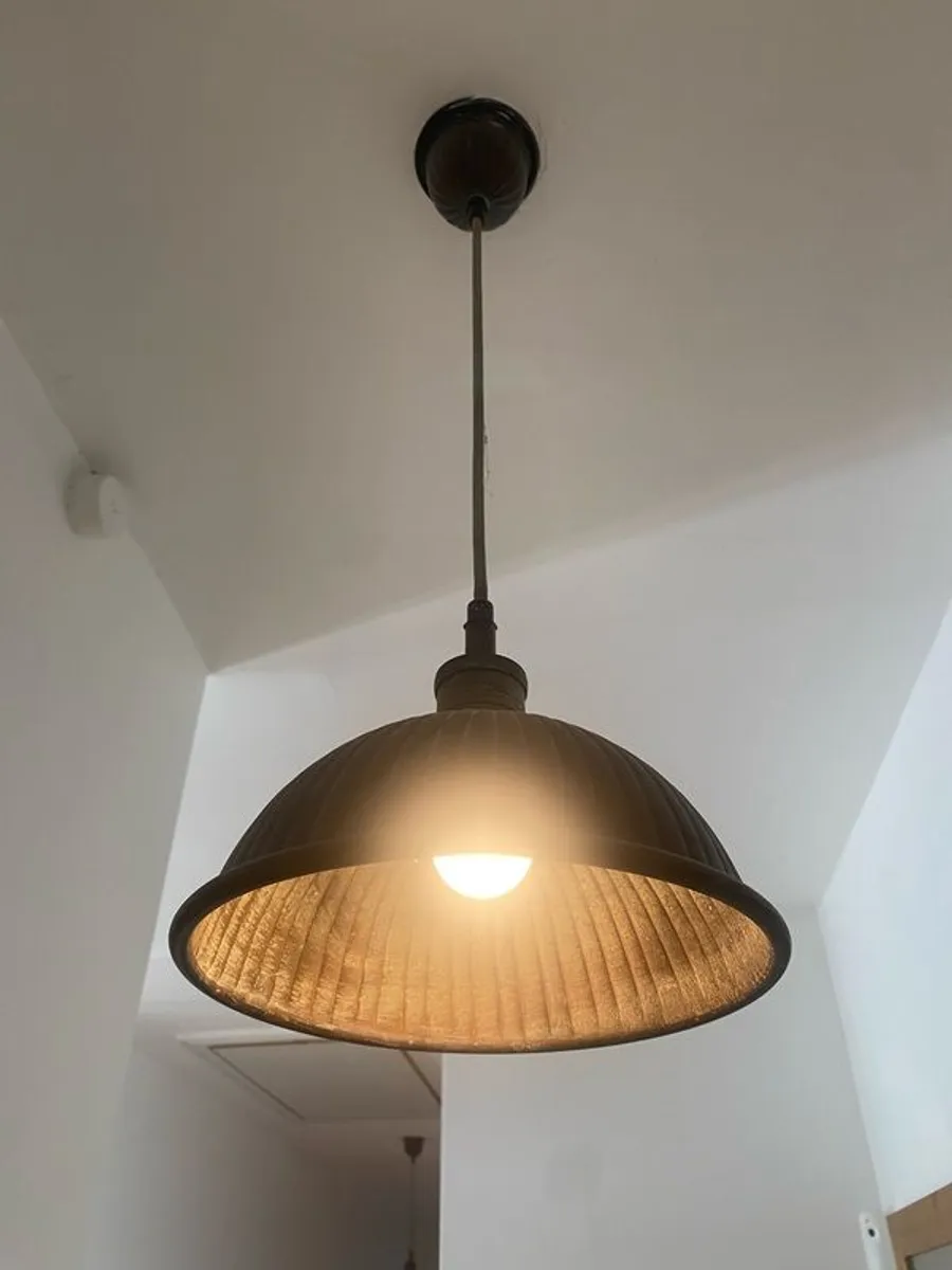Pair of Copper Industrial Pendant Ceiling Lights Aged Patina - Image 3