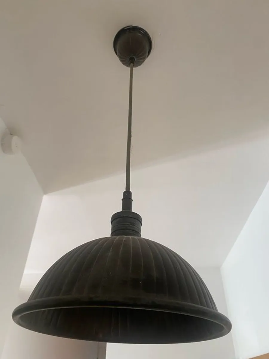 Pair of Copper Industrial Pendant Ceiling Lights Aged Patina - Image 4