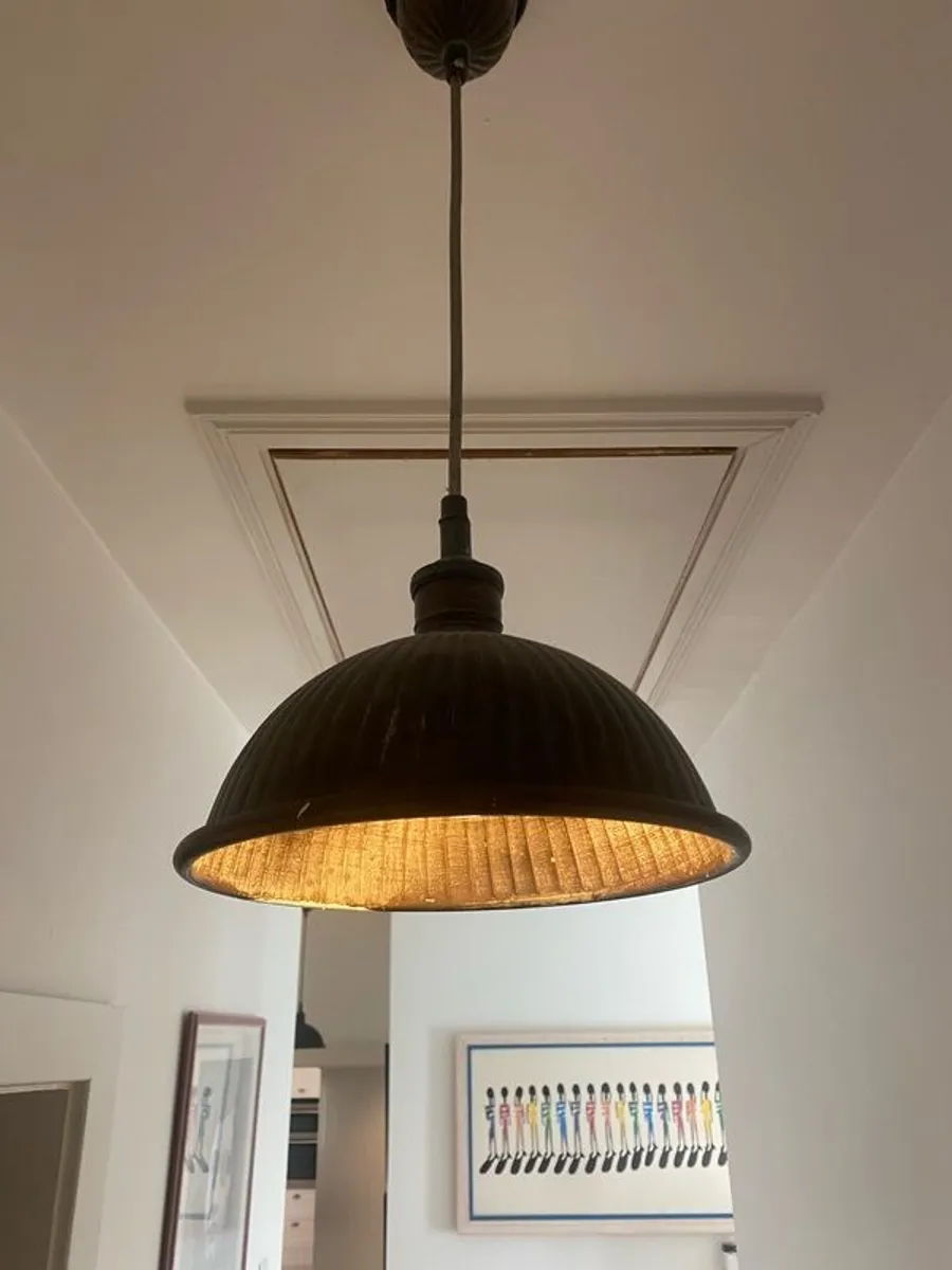 Pair of Copper Industrial Pendant Ceiling Lights Aged Patina - Image 1