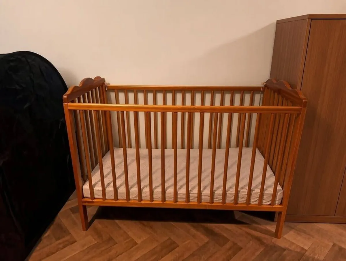 Large Brown Wooden Baby Cot With Mattress - Image 1