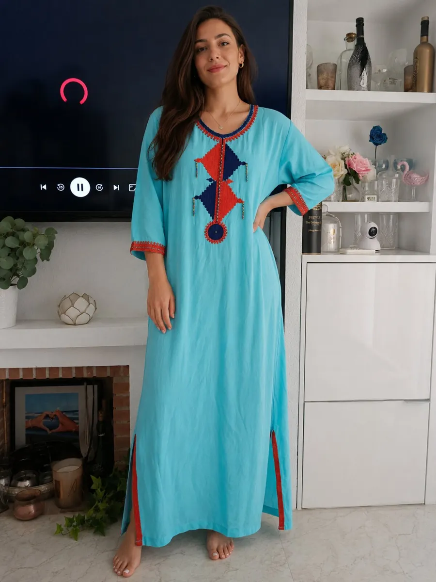 Turquoise Embroidered Kaftan Red & Navy Detail - Image 1