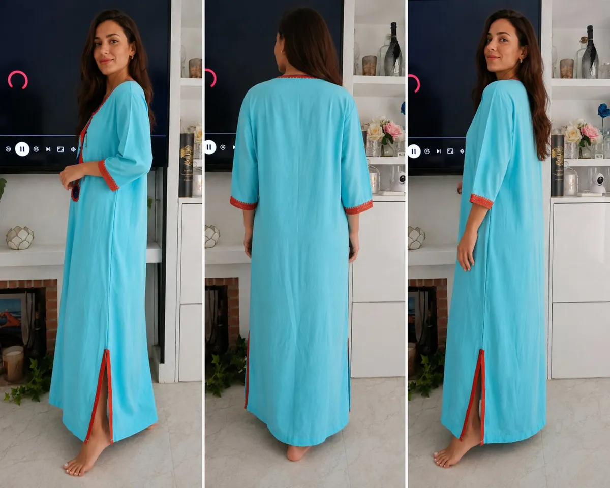 Turquoise Embroidered Kaftan Red & Navy Detail - Image 2