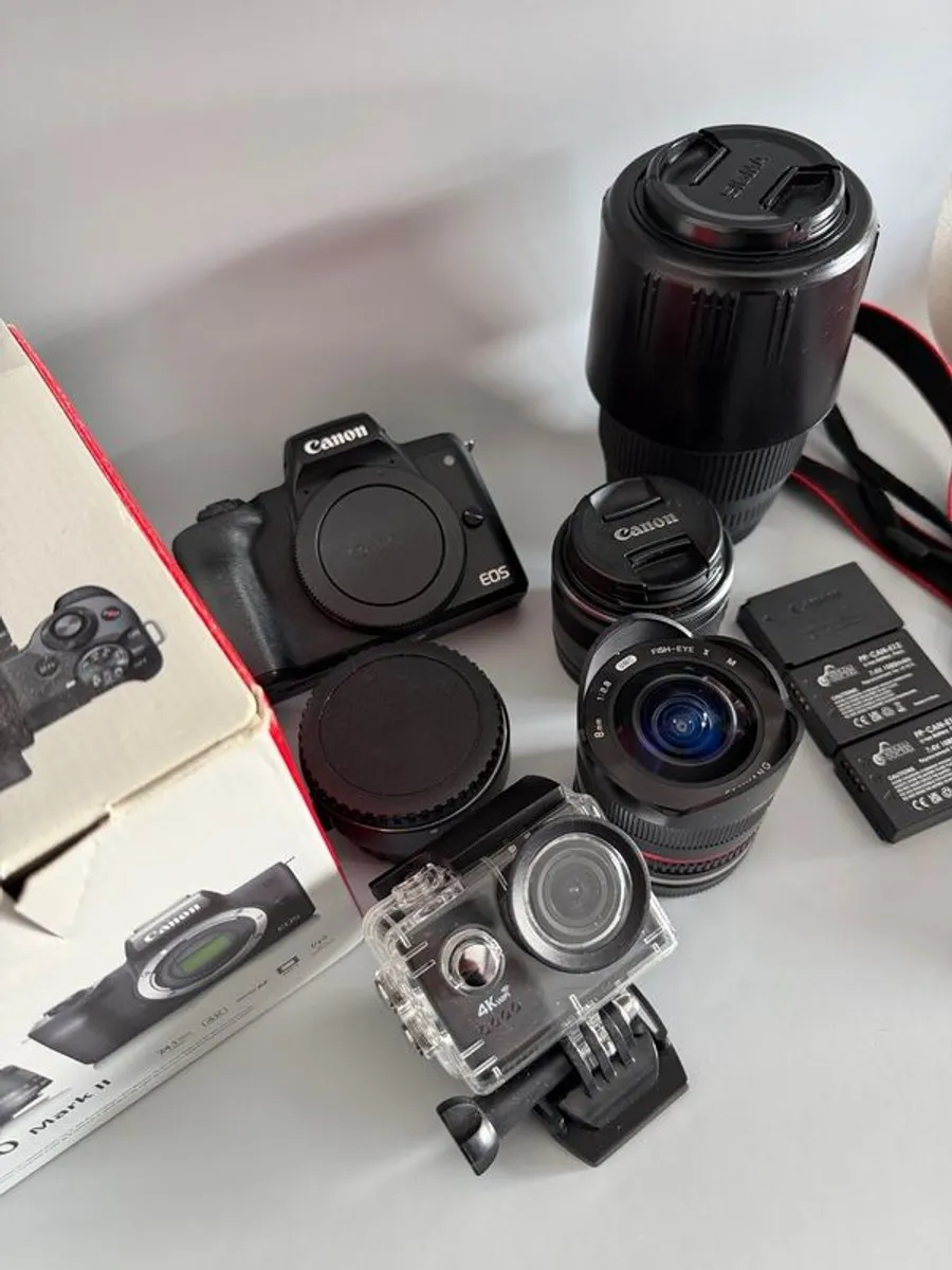 Canon EOS M50 Mark II + 15-45mm + Sigma 70-300mm + Fisheye + Batteries + Viltrox adapter + Apex 4K Camera - Image 1