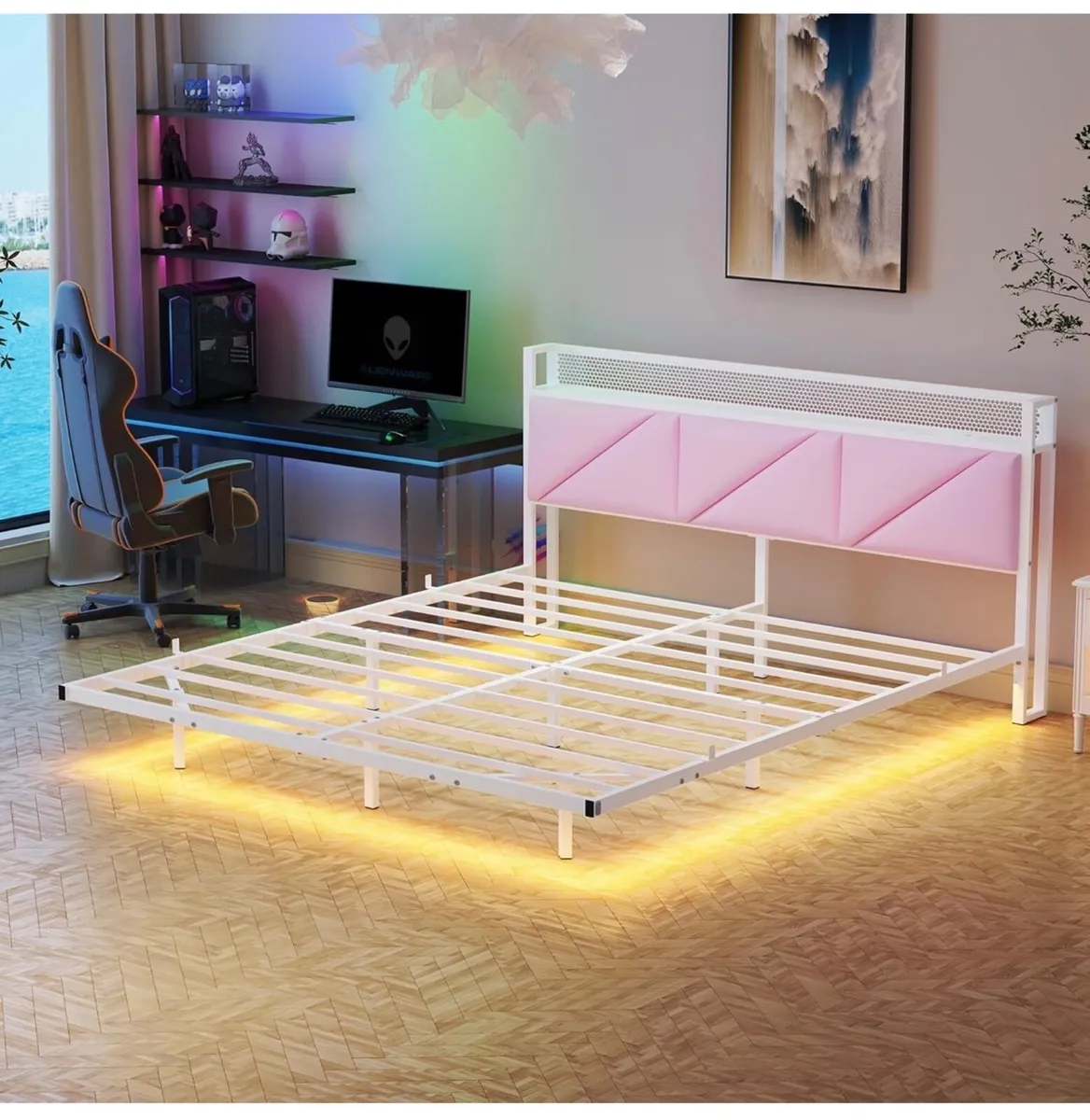 King Size Bed Frame with Floating Upholstered Stor - Image 2