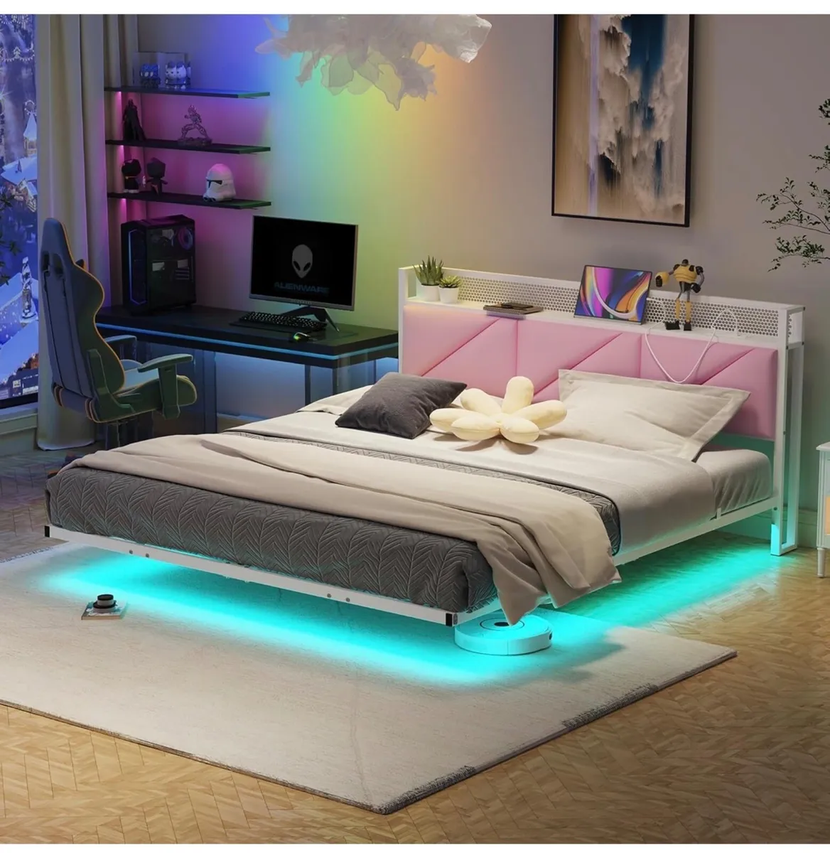 King Size Bed Frame with Floating Upholstered Stor - Image 3