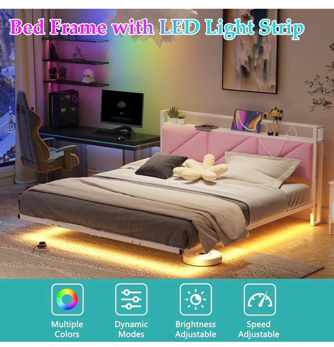 King Size Bed Frame with Floating Upholstered Stor - Image 4