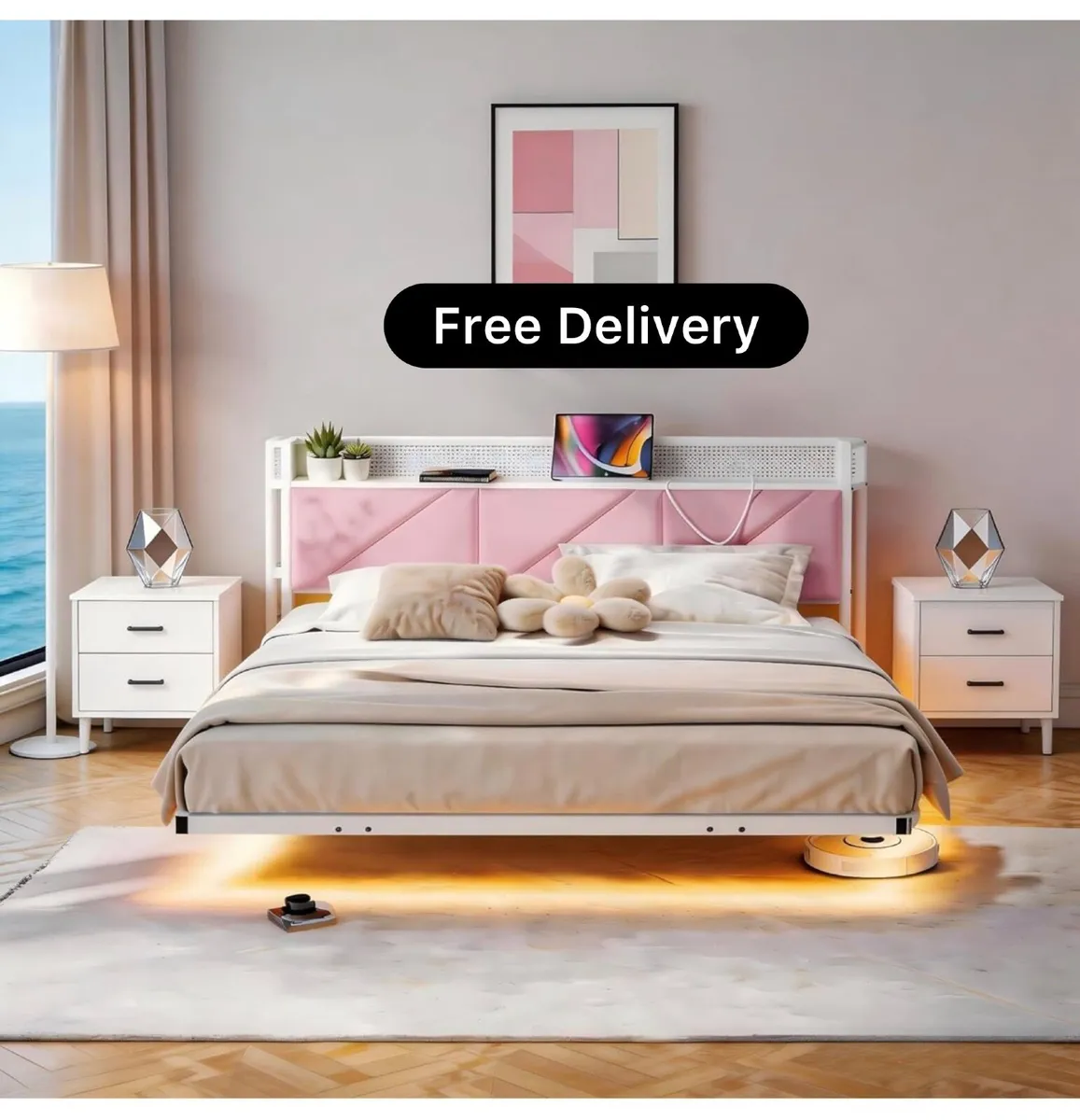 King Size Bed Frame with Floating Upholstered Stor - Image 1